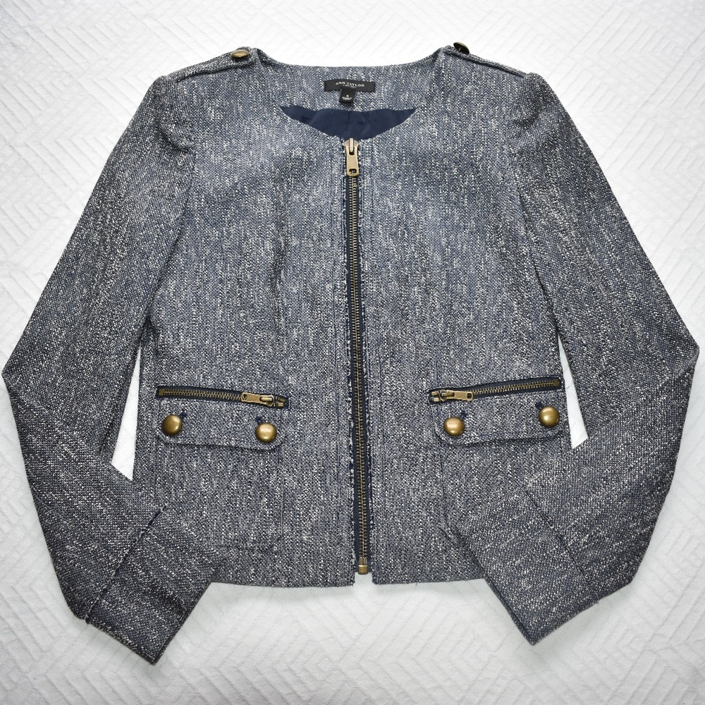 Ann Taylor Military Jacket Size 4 Blue Tweed